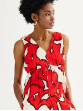 Nine West abstract print plisse peplum front drawstring tie tank top y2k costal